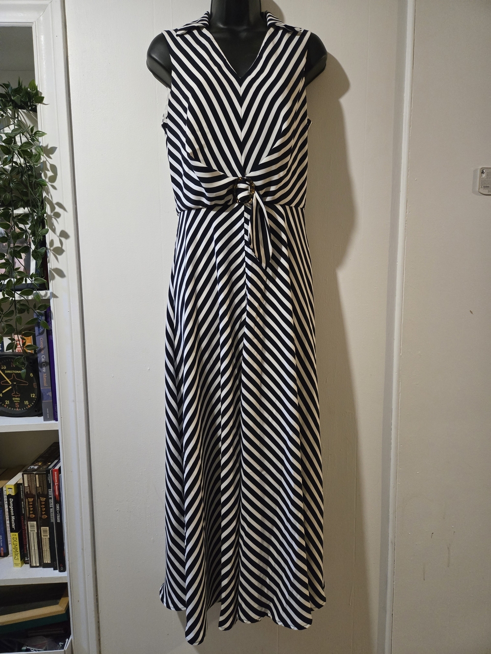 Joseph Ribkoff Navy and White Striped V-Neck Maxi with Front Tie